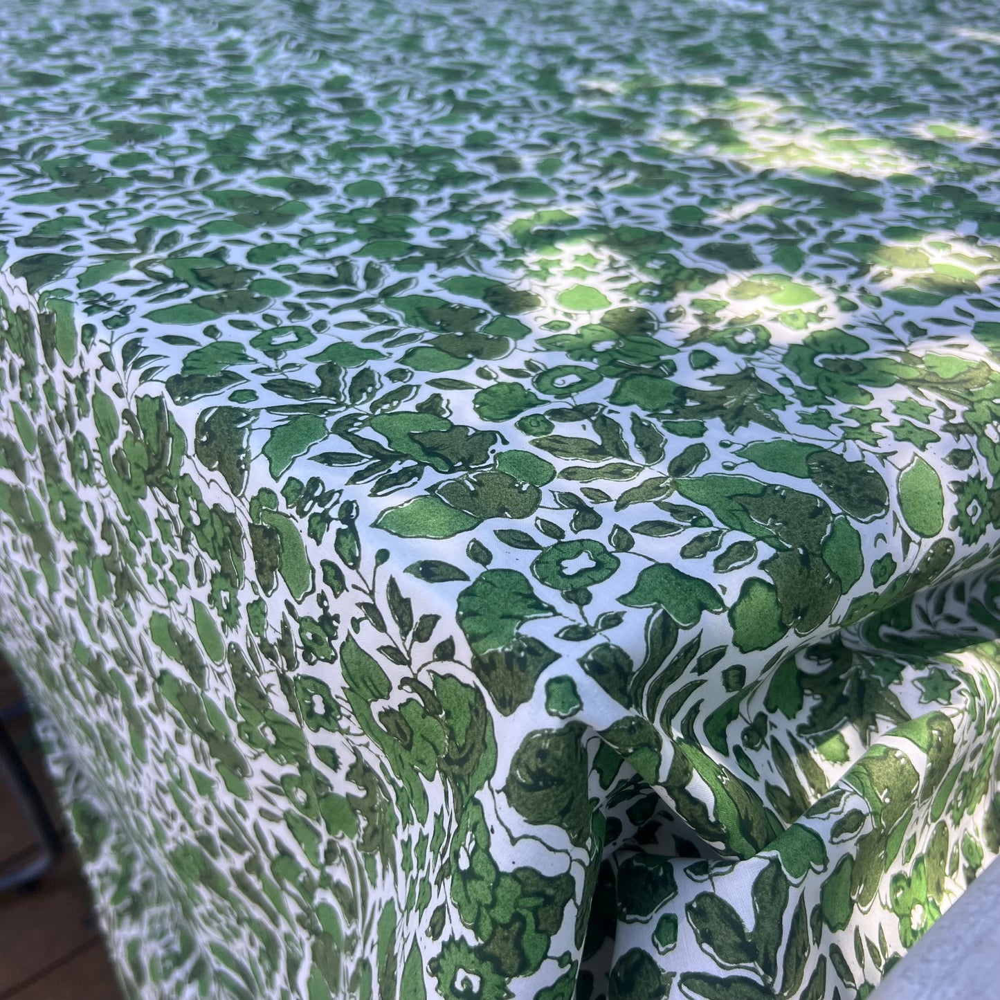 posy block print cotton tablecloth green, olive and white