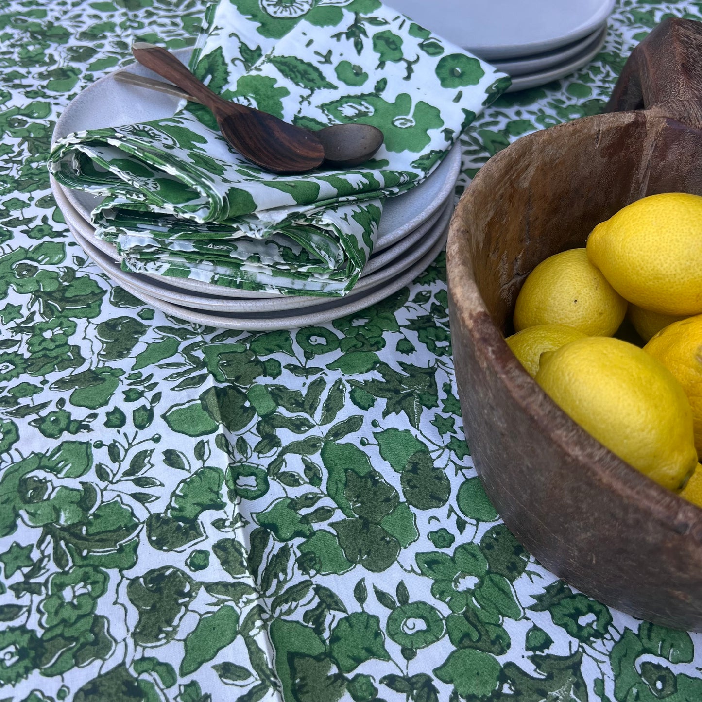 posy block print cotton tablecloth green, olive and white