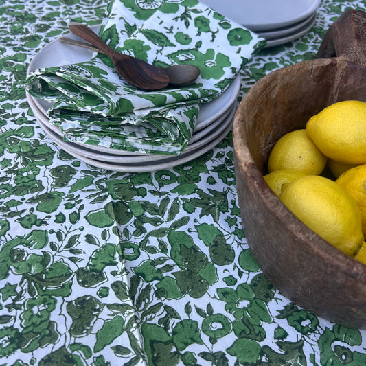 posy block print cotton tablecloth green, olive and white