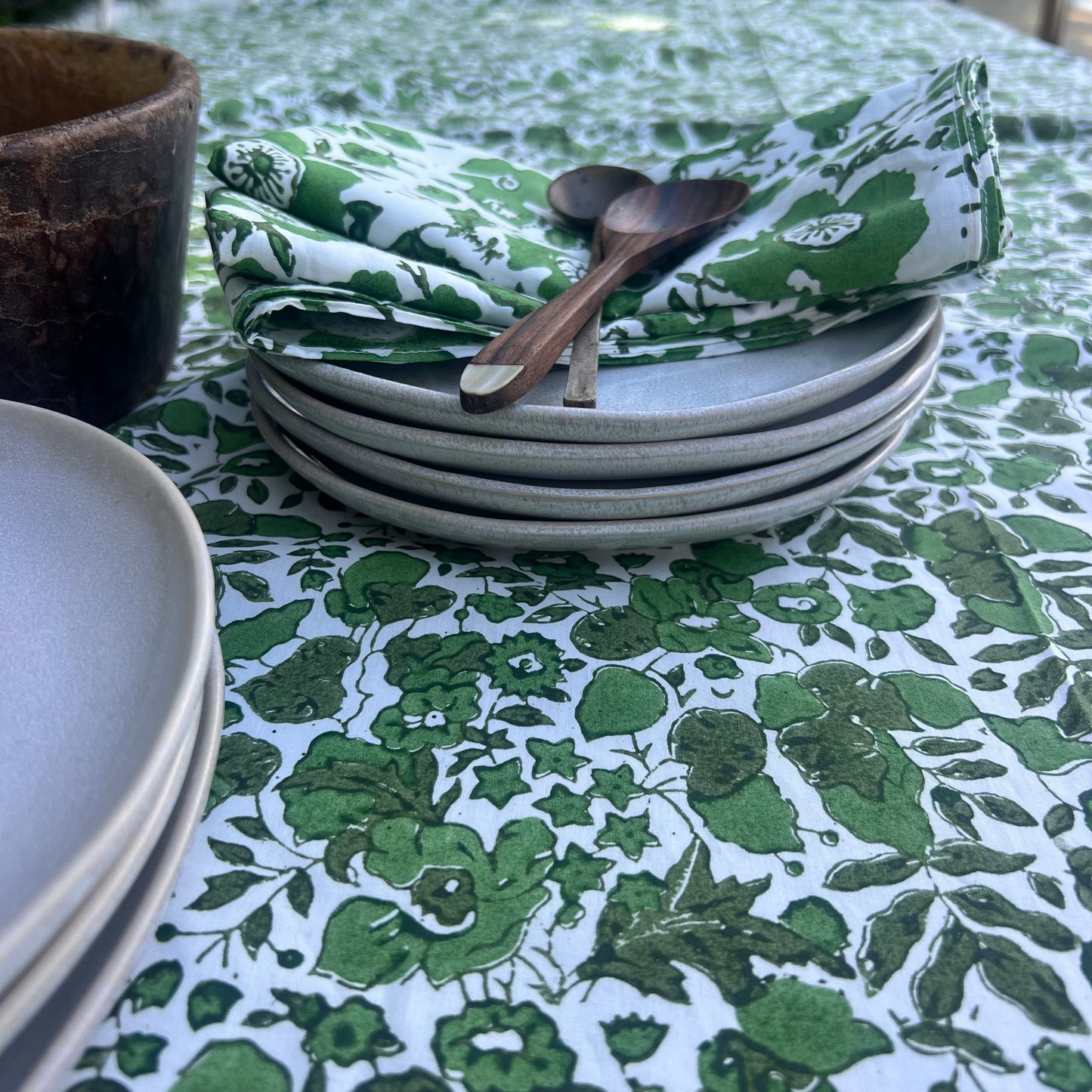 posy block print cotton tablecloth green, olive and white