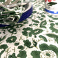 vintage floral block print cotton tablecloth green, olive  and white