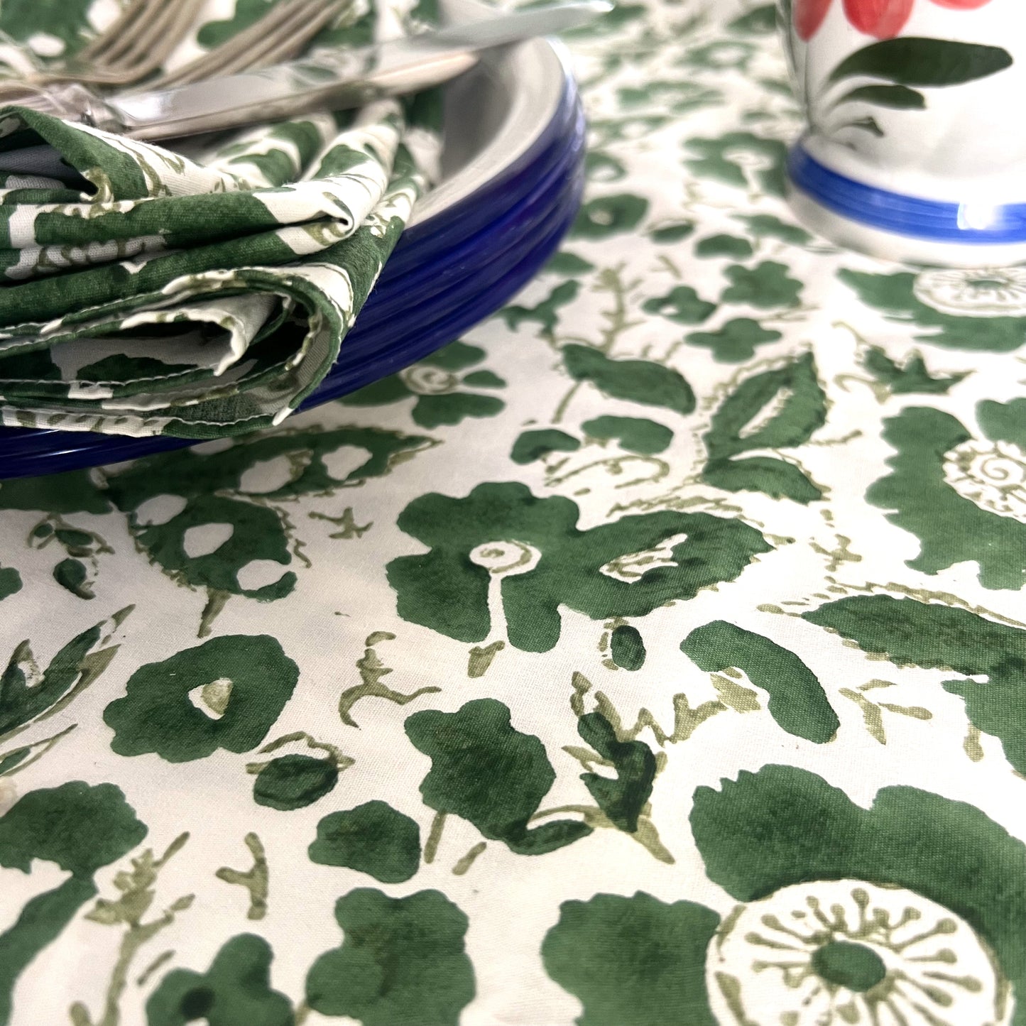 vintage floral block print cotton tablecloth green, olive  and white