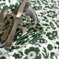 vintage floral block print cotton tablecloth green, olive  and white