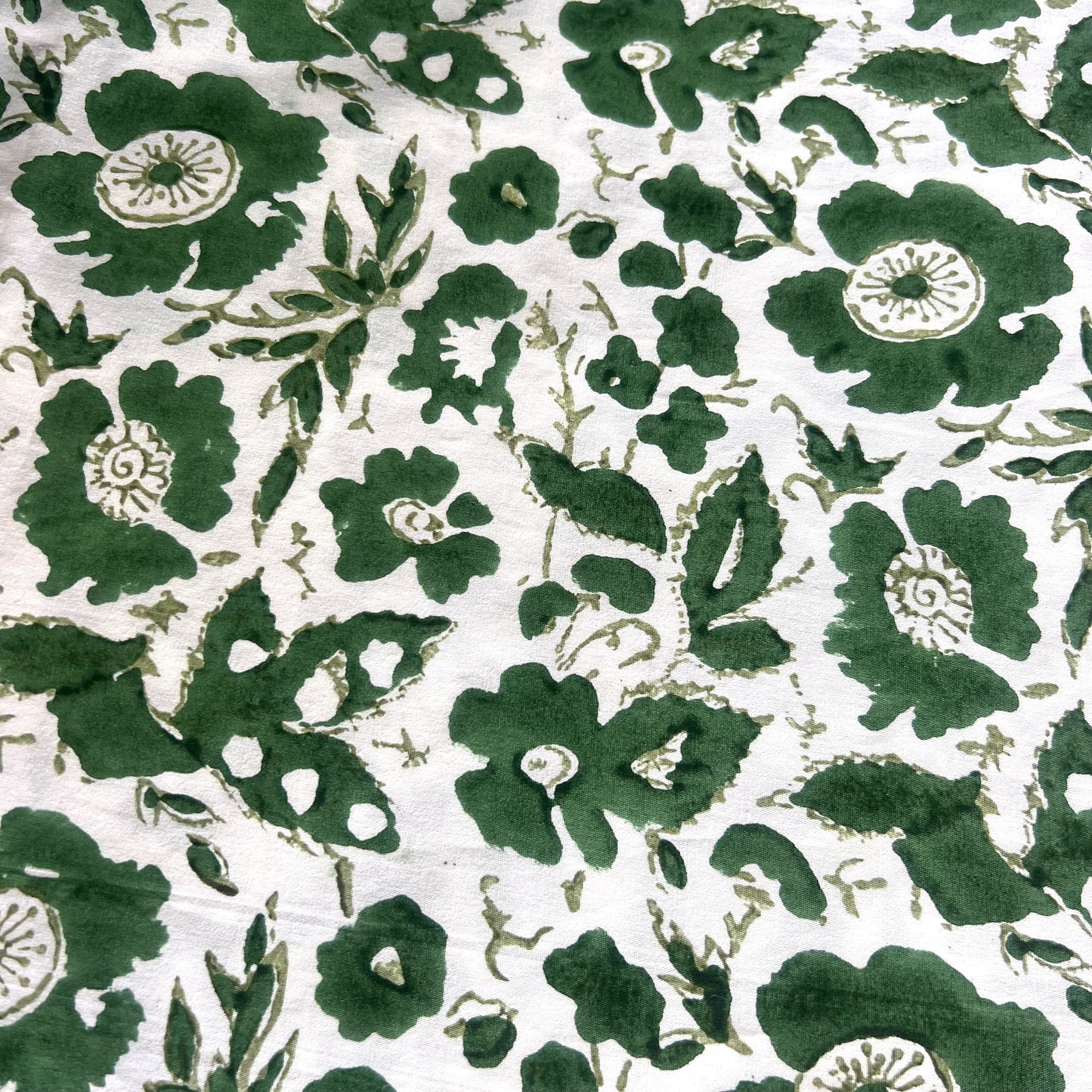 vintage floral block print cotton tablecloth green, olive  and white