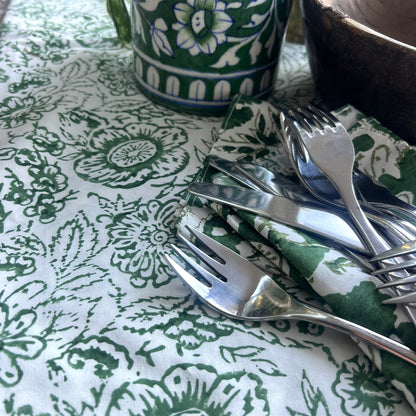 vintage open floral block print cotton tablecloth  white and green