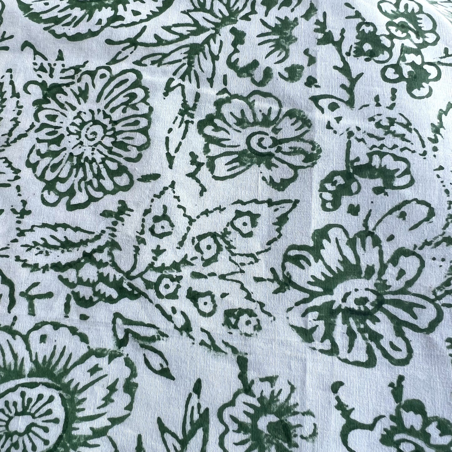 vintage open floral block print cotton tablecloth  white and green