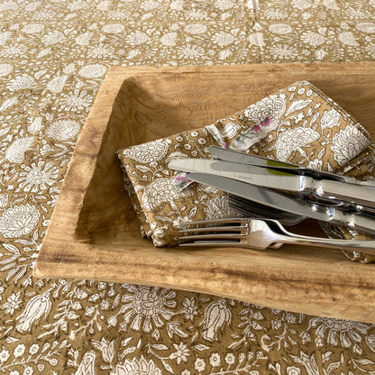 pomegranate block print cotton tablecloth coffee and natural