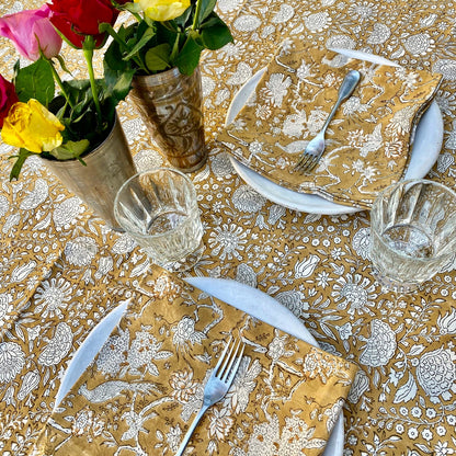 pomegranate block print cotton tablecloth caramel & natural