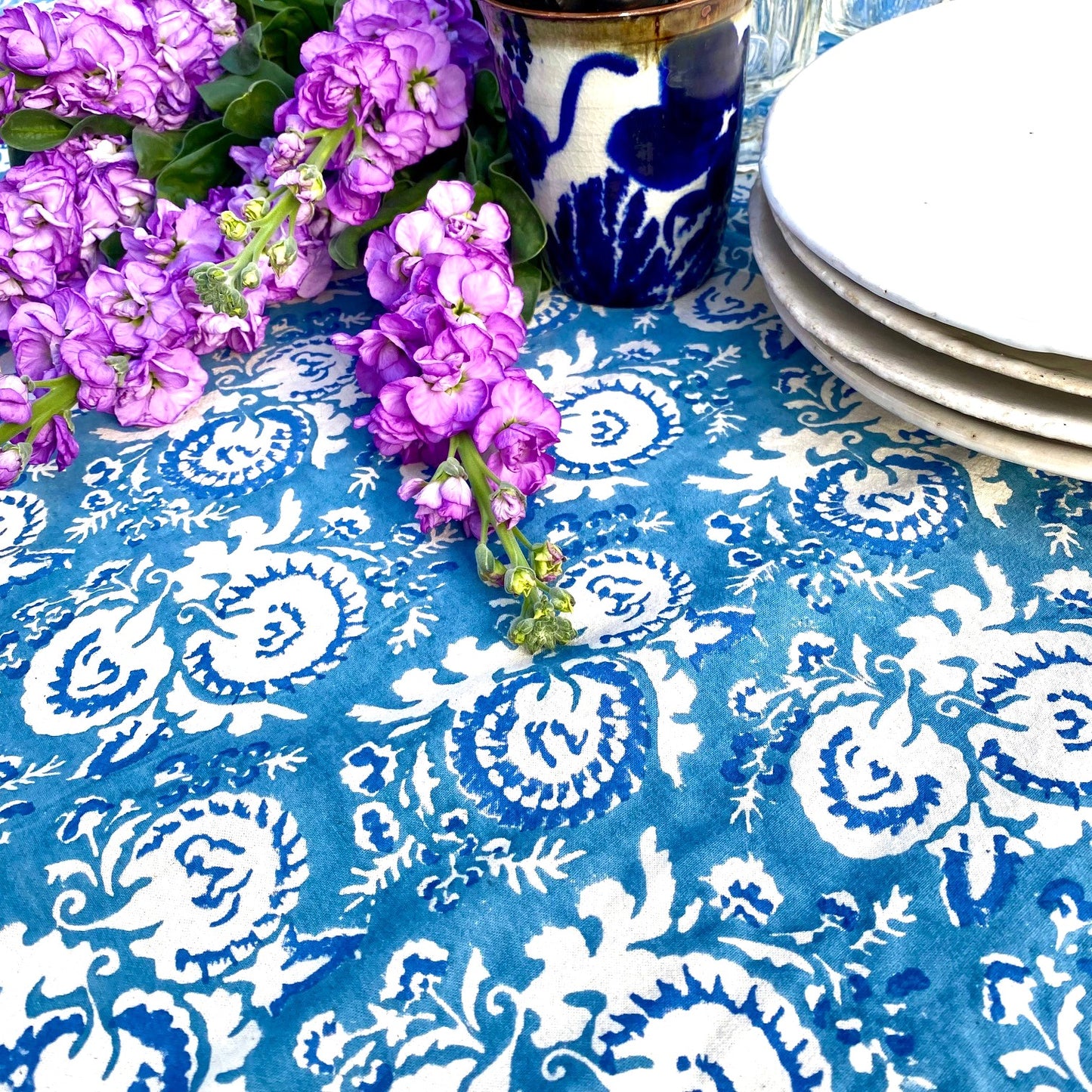 pomegranate block print cotton tablecloth blue & natural