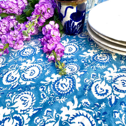 azura block print cotton tablecloth blue & natural