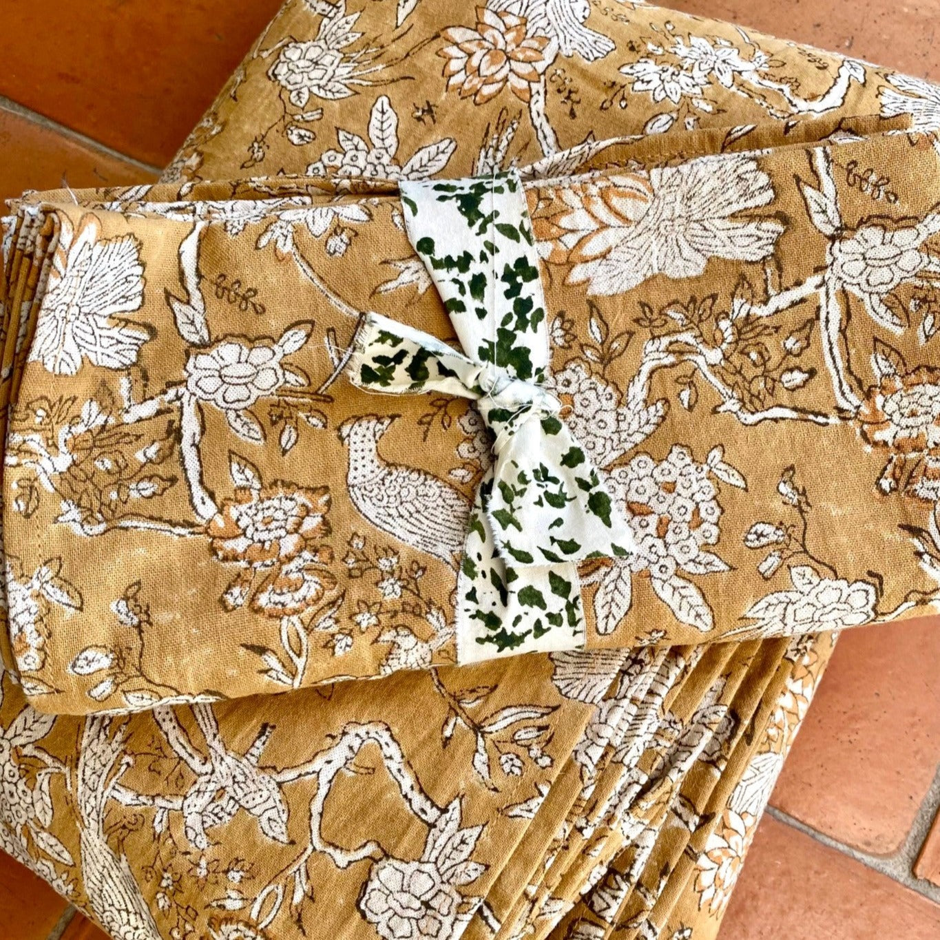 4 x block print peacock cotton napkin caramel