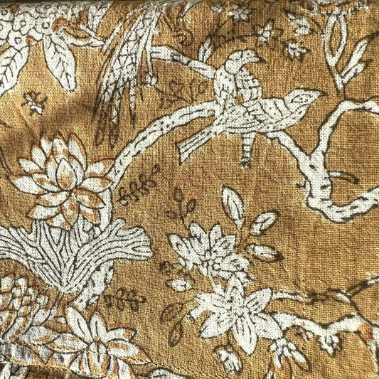 round peacock block print cotton tablecloth caramel & coffee