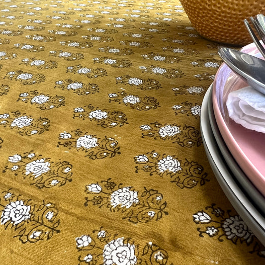 raw cotton - mustard poppy block print tablecloth