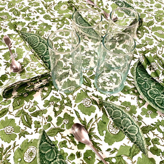 vintage floral block print cotton tablecloth green and white