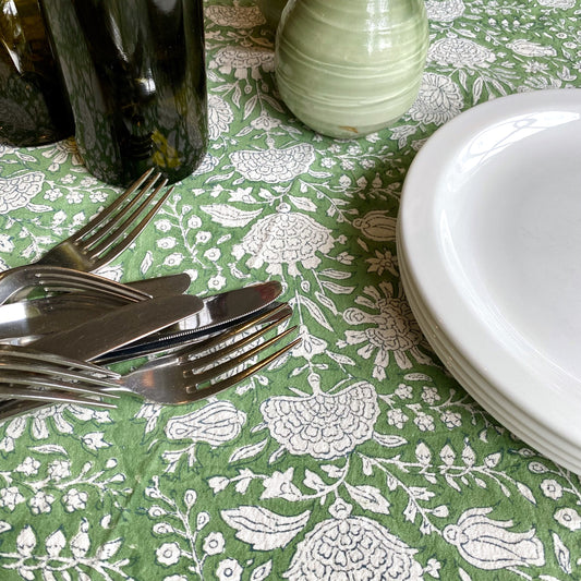 raw cotton - basil block print cotton tablecloth green