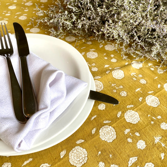 round daisy block print cotton tablecloth mustard