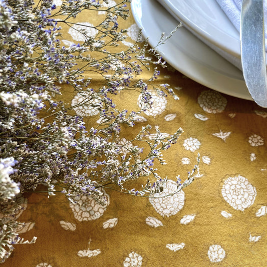 raw cotton - daisy block print cotton tablecloth mustard