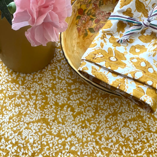 vine block print cotton tablecloth mustard and white