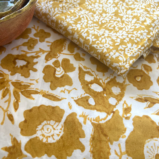 vintage floral block print cotton tablecloth mustard and white