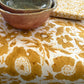 vintage floral block print cotton tablecloth mustard and white