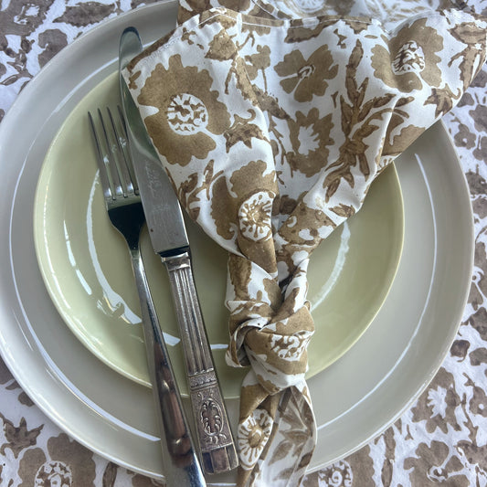 4 x vintage floral block print cotton napkin bronze and white