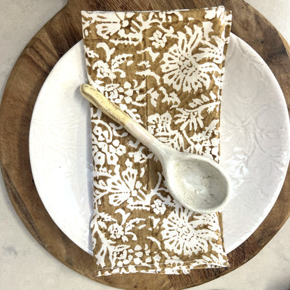 4 x leaf block print cotton napkin bronze and white