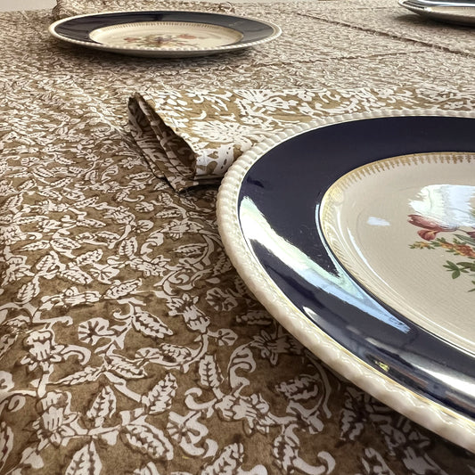 paisley block print cotton tablecloth bronze and white