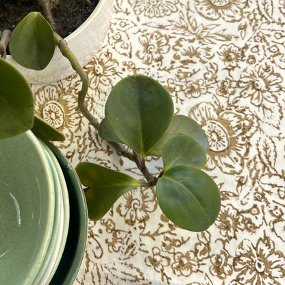 vintage open floral block print cotton tablecloth  bronze and white