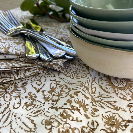 vintage open floral block print cotton tablecloth  bronze and white
