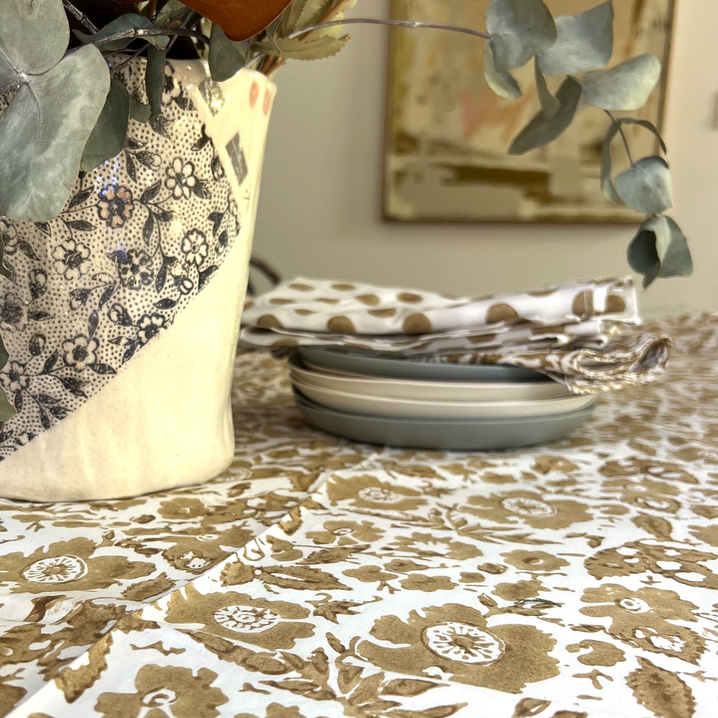 vintage floral block print cotton tablecloth  bronze and white