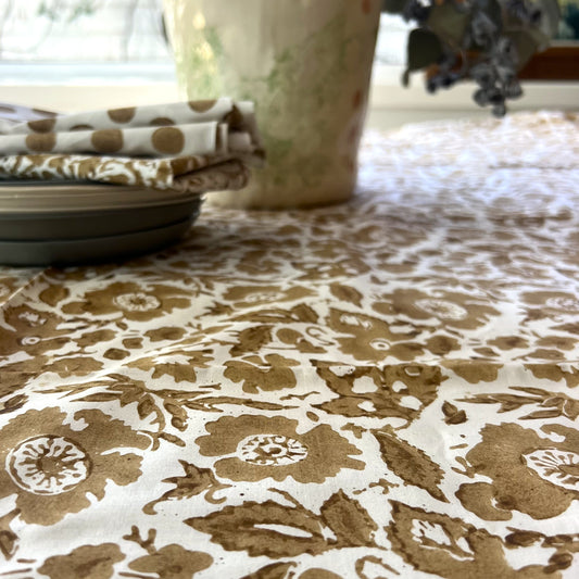 vintage floral block print cotton tablecloth  bronze and white