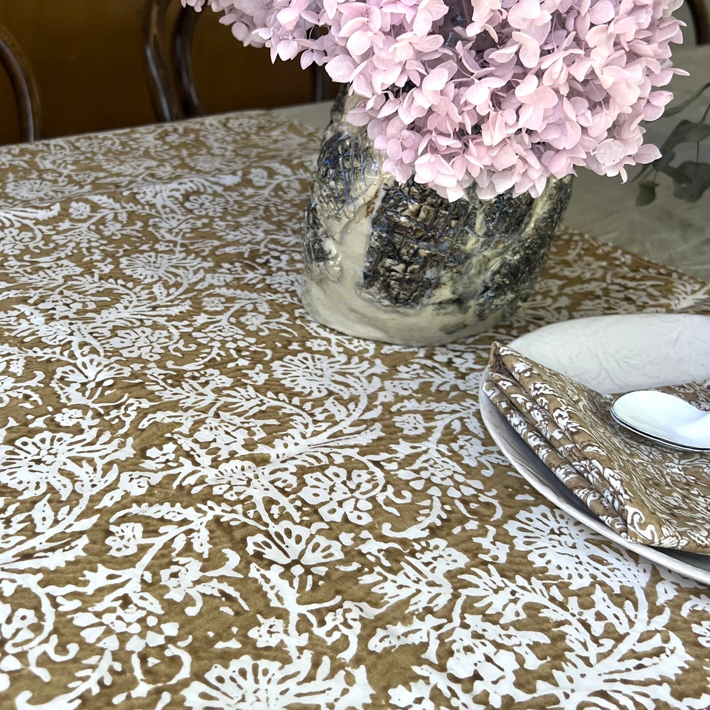 leaf block print cotton tablecloth bronze and white