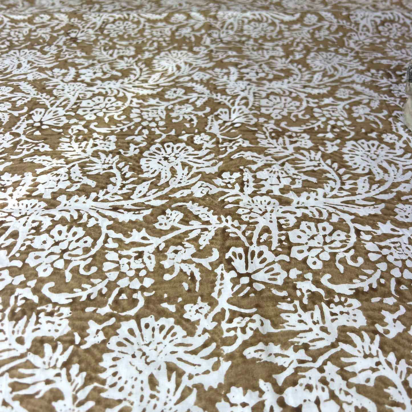 leaf block print cotton tablecloth bronze and white