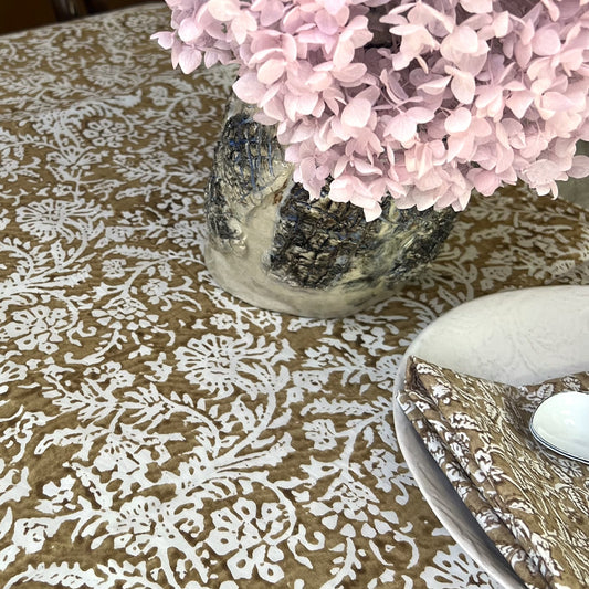 leaf block print cotton tablecloth bronze and white