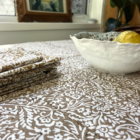 vine block print cotton tablecloth bronze and white