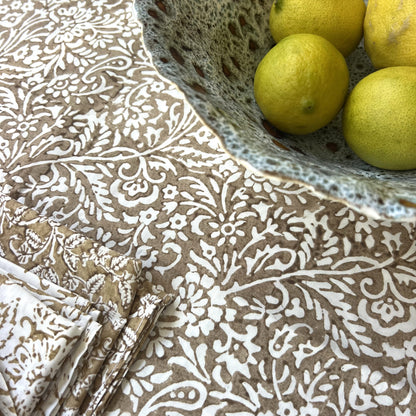 vine block print cotton tablecloth bronze and white