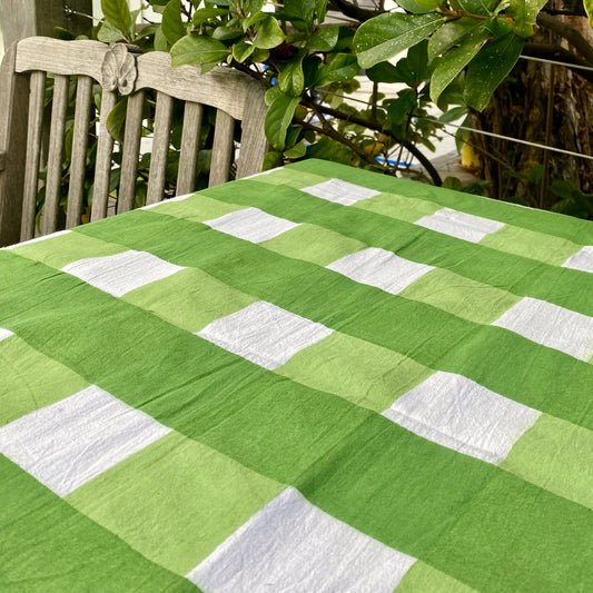 raw cotton - check block print cotton tablecloth green