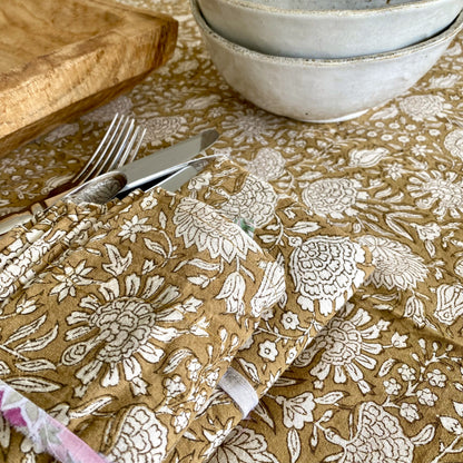 pomegranate block print cotton tablecloth coffee and natural