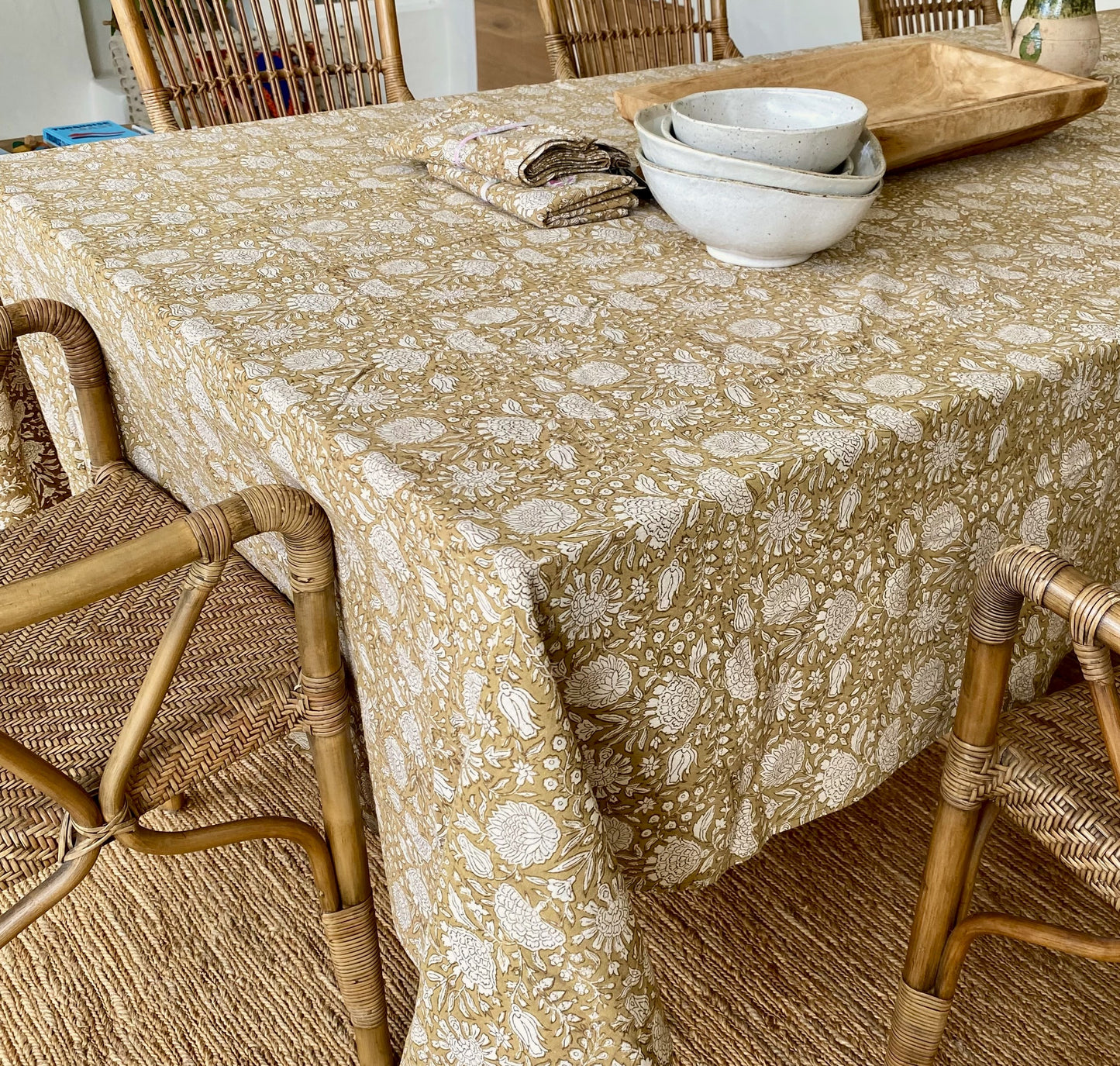 pomegranate block print cotton tablecloth coffee and natural