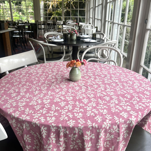 round peony block print cotton tablecloth pink