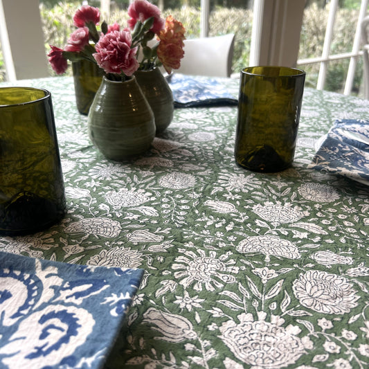 round basil block print cotton tablecloth green