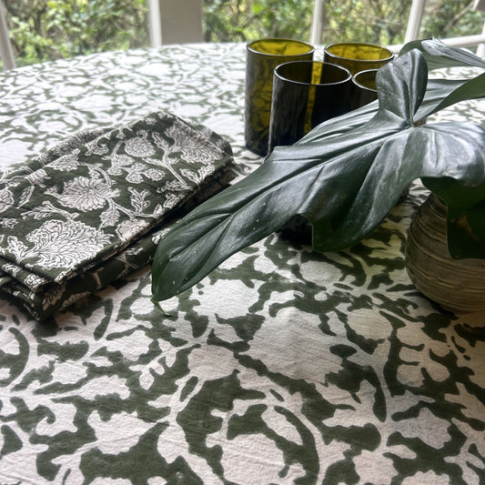 round rosemary block print cotton tablecloth forest green