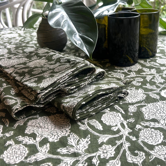 raw cotton - rosemary block print cotton tablecloth forest green