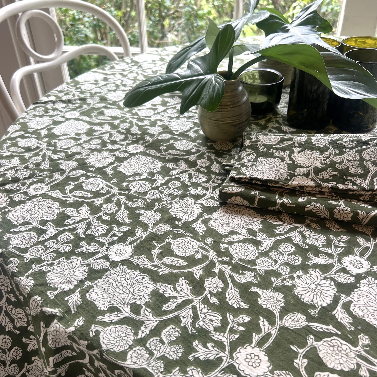 round rosemary block print cotton tablecloth forest green