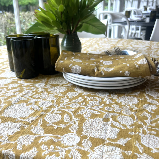 raw cotton - holly block print cotton tablecloth mustard