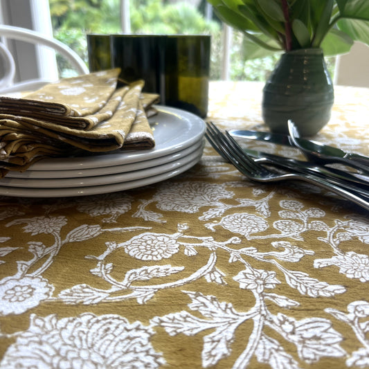 round holly block print cotton tablecloth mustard