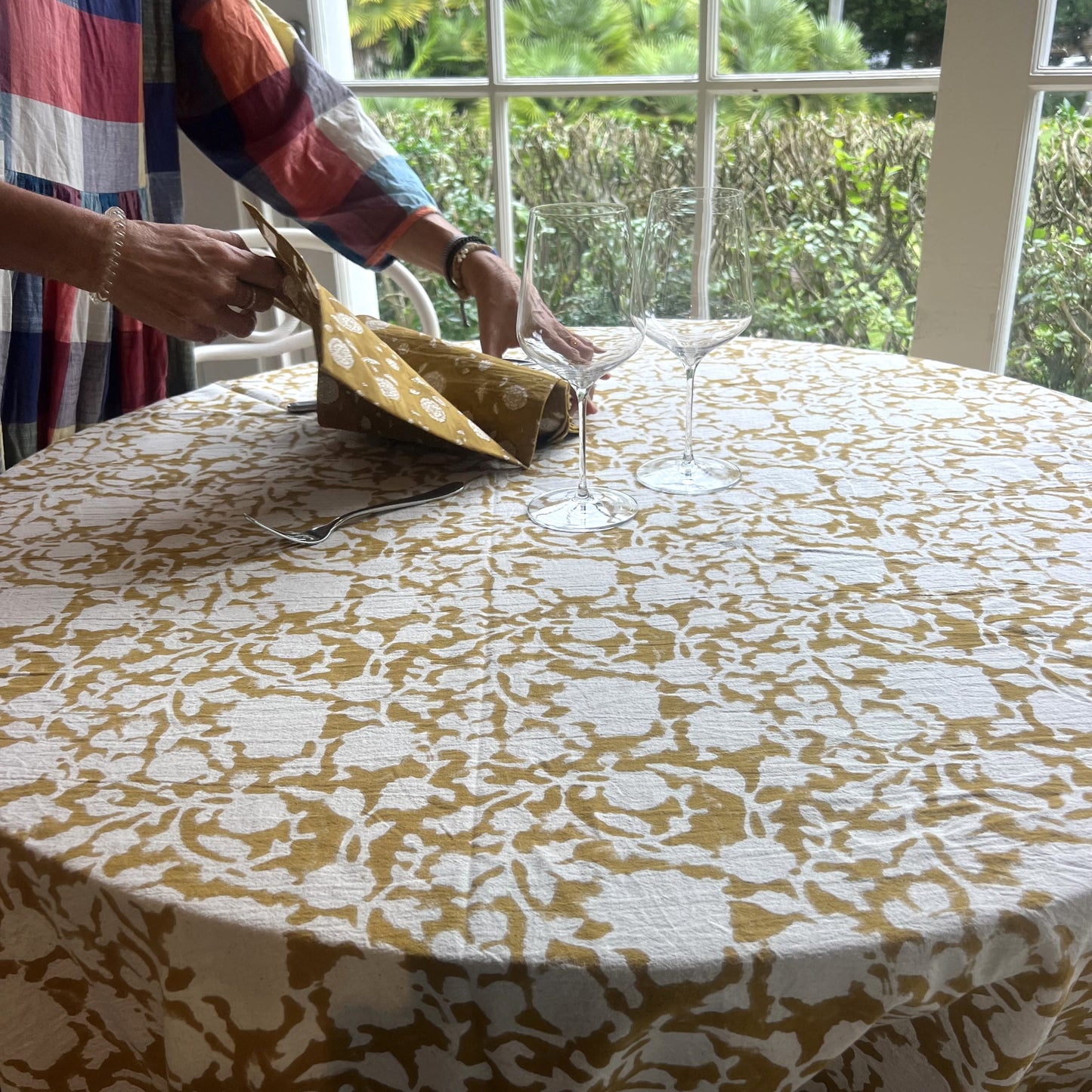 round holly block print cotton tablecloth mustard