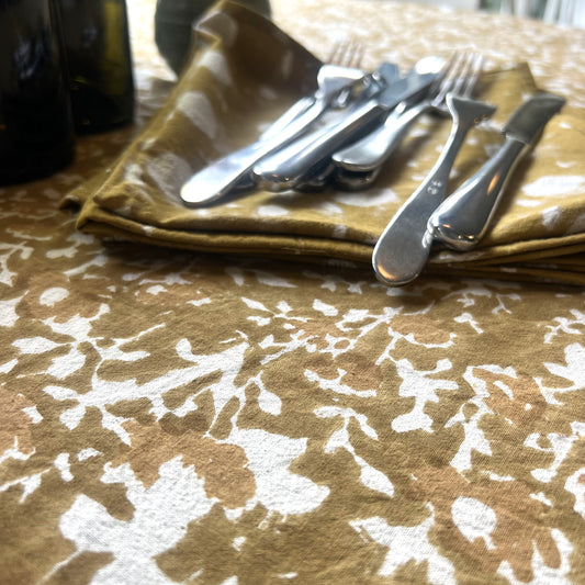 raw cotton - rose block print cotton tablecloth caramel and coffee