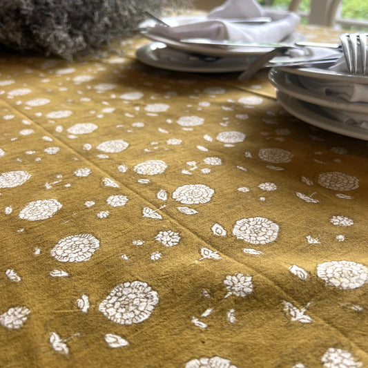 round daisy block print cotton tablecloth mustard