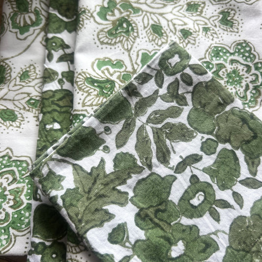 4 x block print mixed set cotton napkin olive , green & white